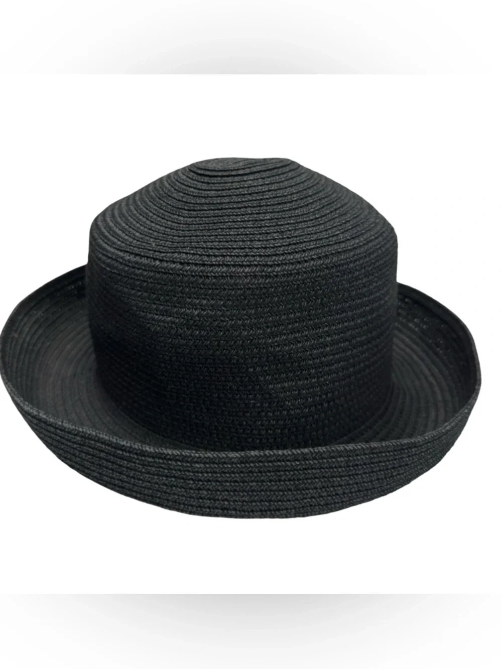 Chico's Navy Blue Black Woven Straw Sun Hat Kettle Brim Classic